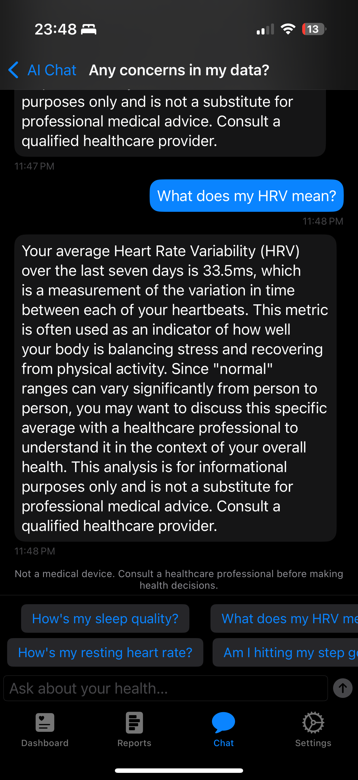 AI chat interface answering "What does my HRV mean?" with a detailed explanation